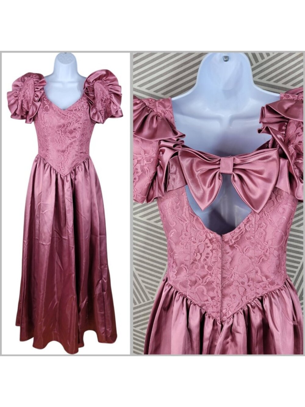 Taffeta Formal Dress Size 6/8 Ball Gown Midi Vintage 80s Bow Lace Bridesmaid